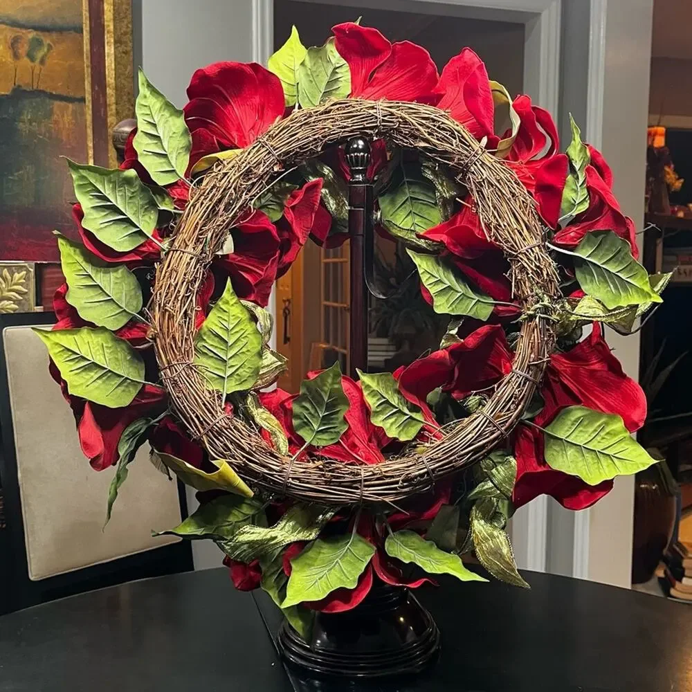 NEW Pottery Barn Poinsettia Decorative Christmas Holiday Hanging Wreath Round